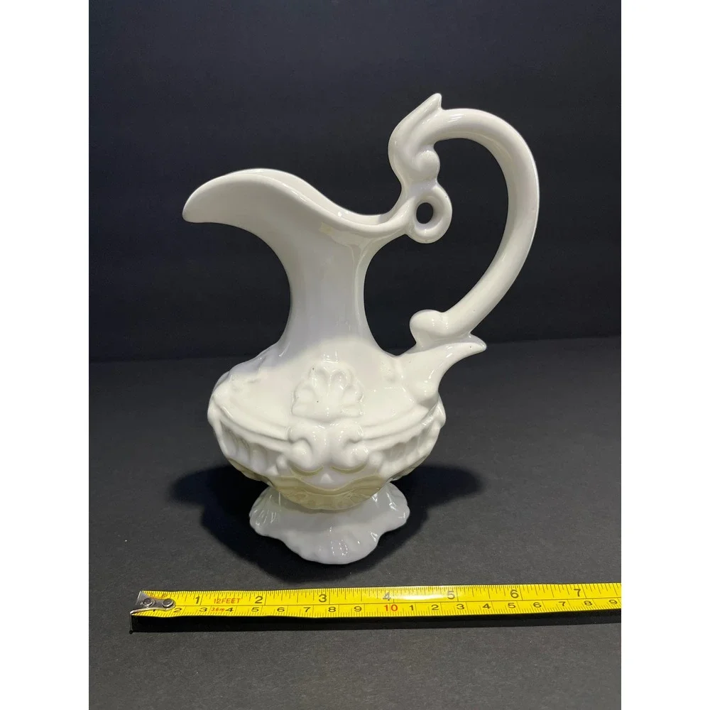 Vintage White Ceramic Pitcher Ewer Ornate Embossed Floral Made in Portugal 8